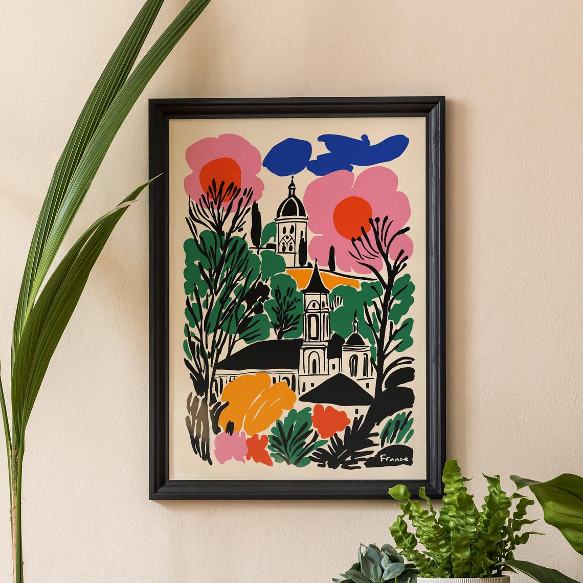 Colorful France Village Poster With Church and Pink Summer Clouds
