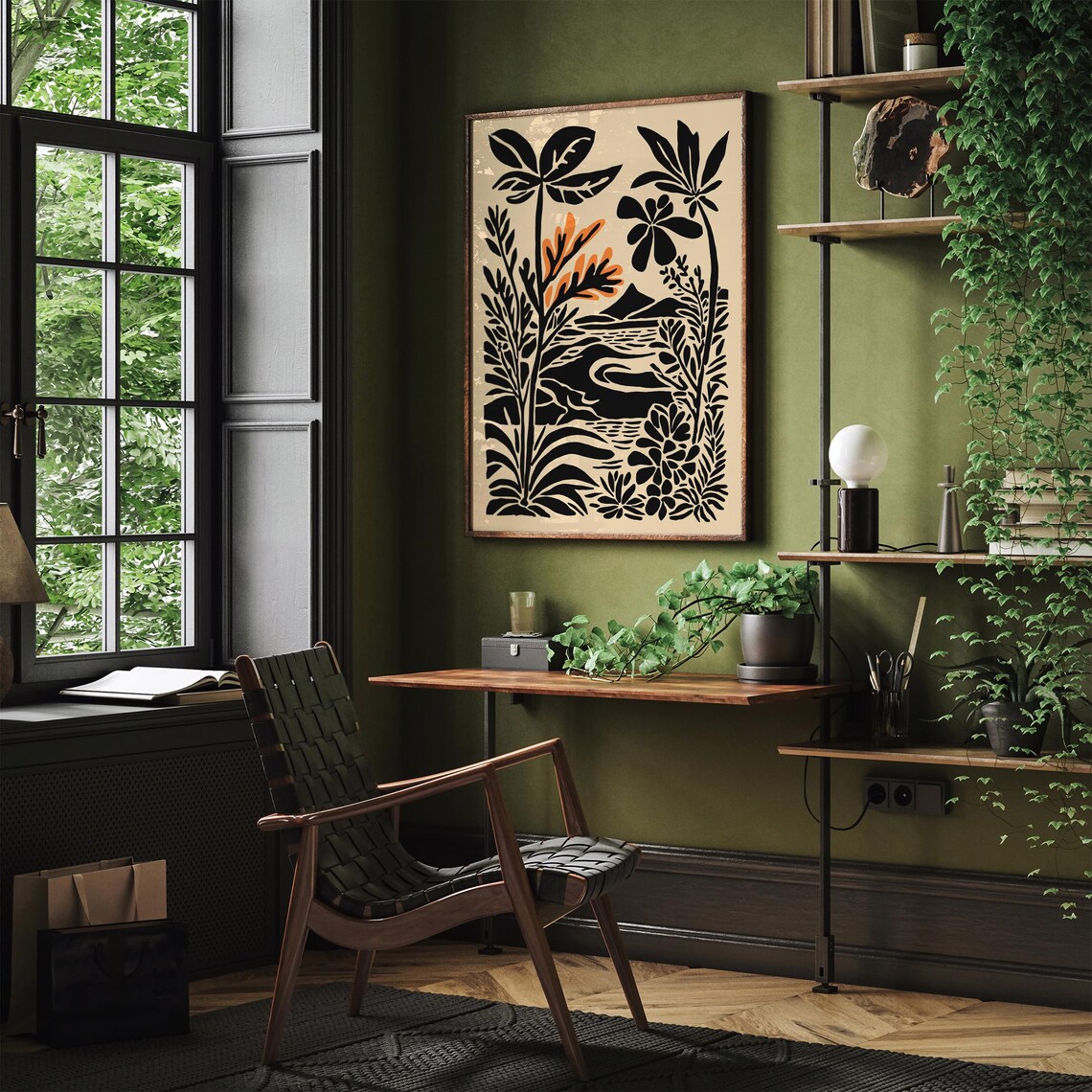 Black Botanical Island Landscape Tropical Night Scene Art Poster - Image 5