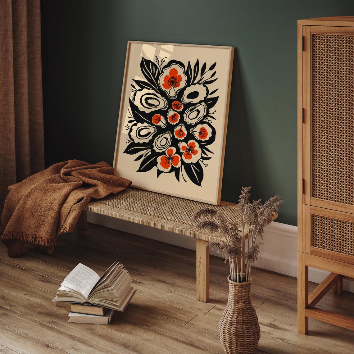 Black Ink Oysters with Orange Flowers Bold Coastal Kitchen Art Poster - Image 5