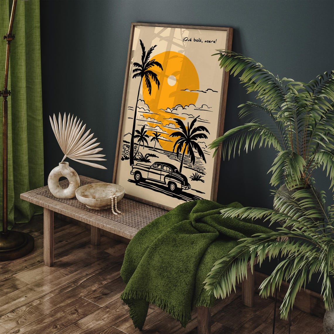 Retro Cuban Classic Car Sunset Beach Palm Trees Travel Poster - Image 3
