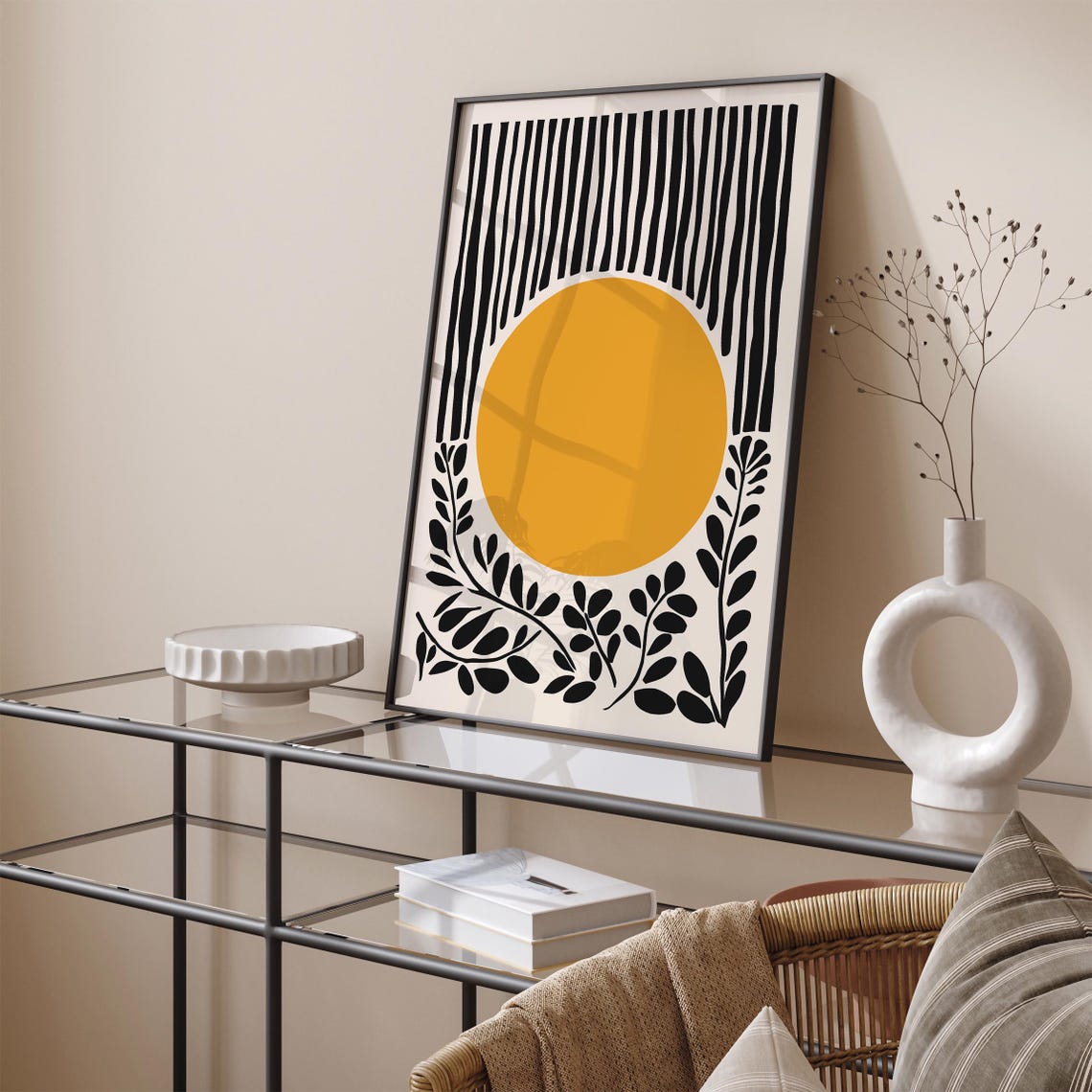 Mid Century Modern Yellow Sun Black Abstract Geometric Art Poster - Image 6