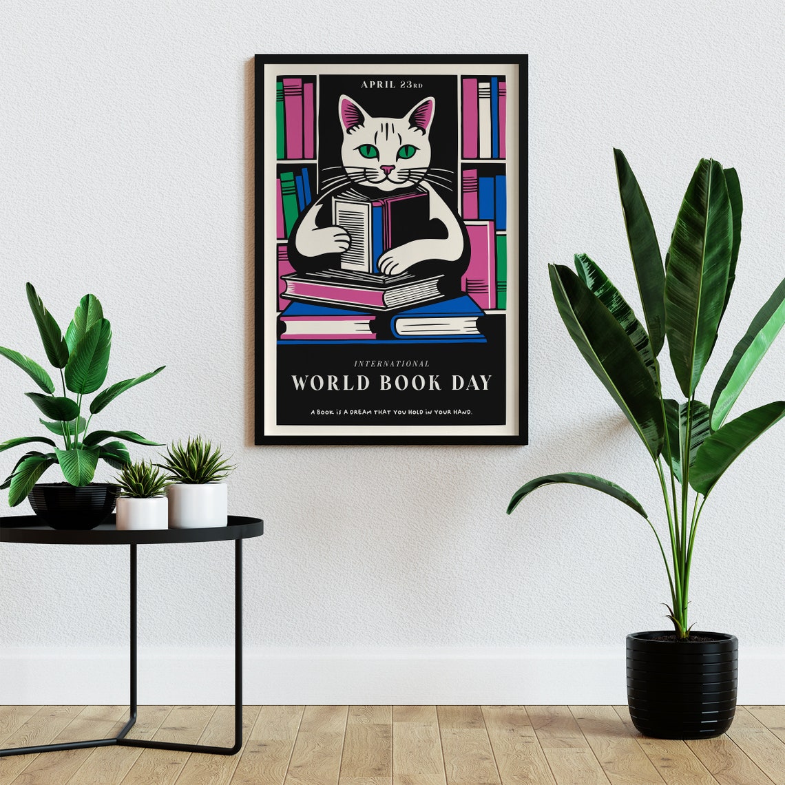 International World Book Day White Cat Reading Quote Art Poster - Image 3