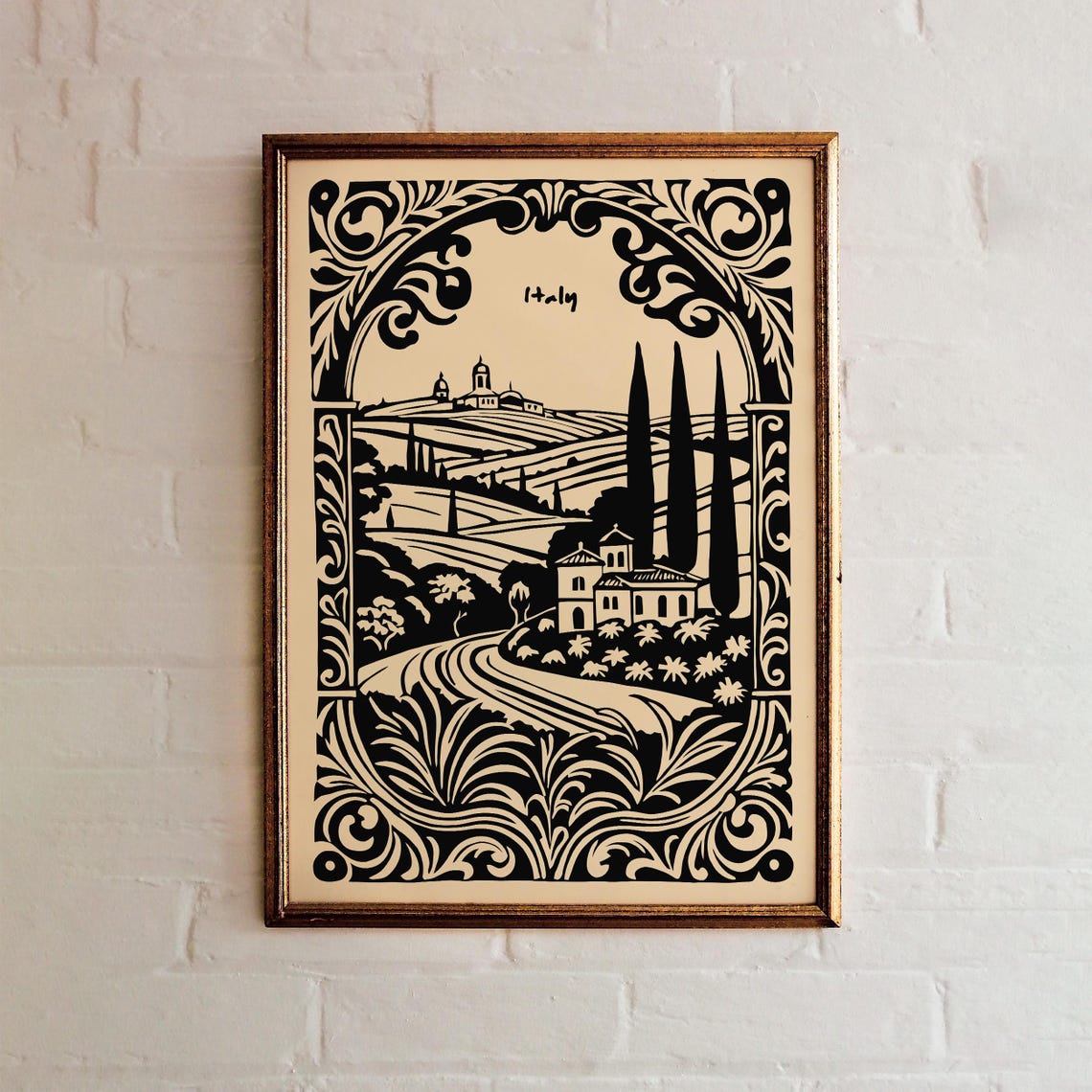 Tuscany Italy Countryside Villa Cypress Hills Linocut Poster