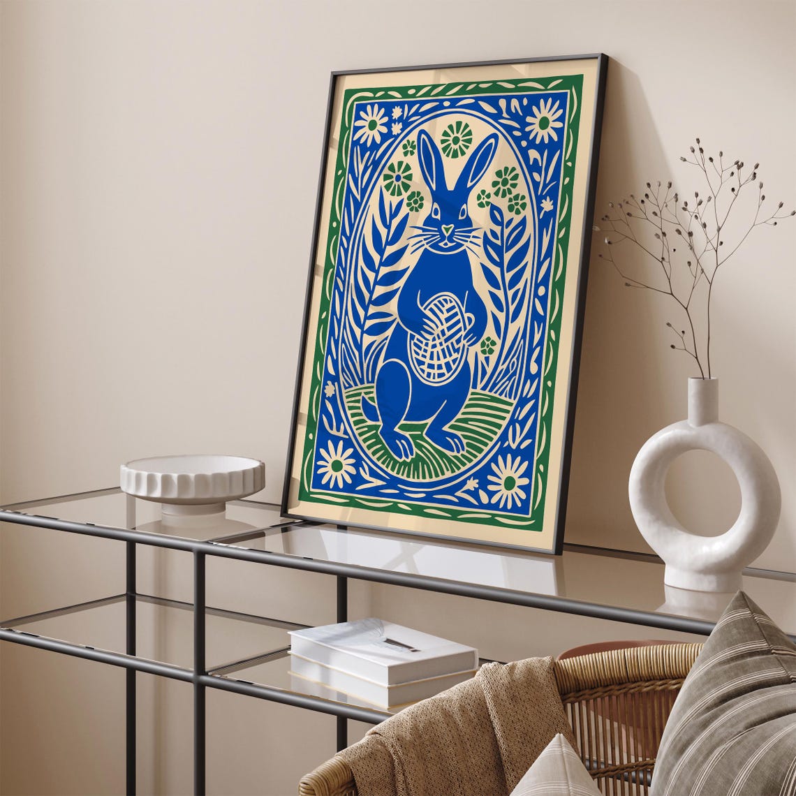 Blue Easter Bunny Holding Woven Basket Folk Floral Art Poster - Image 5
