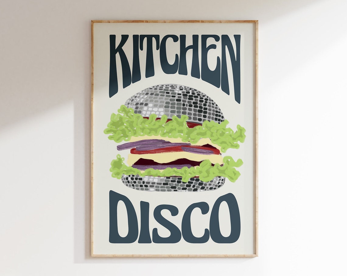 Kitchen Disco Poster Retro Burger Illustration Disco Ball Food Art - Image 4