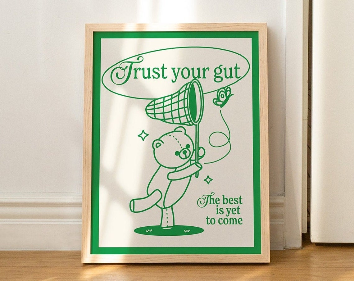 Retro Bear Print Positive Quote Wall Print Cute Butterfly Poster Prints Emerald Green Wall Decor Prints