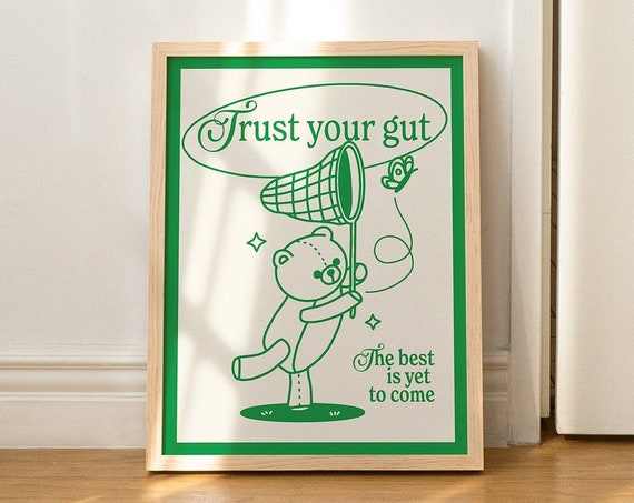 Retro Bear Print Positive Quote Wall Print Cute Butterfly Poster Prints Emerald Green Wall Decor Prints