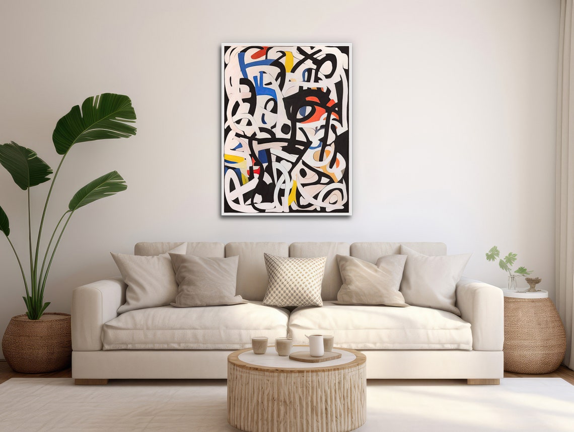 Black White Colorful Gestural Abstract Expressionist Line Wall Art - Image 3