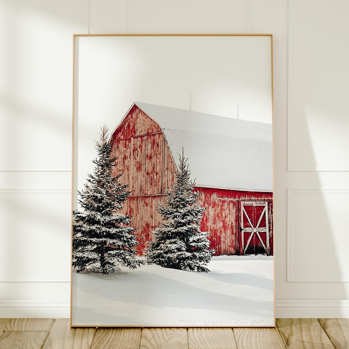 Red Barn Snowy Pines Winter Farmhouse Photography Scene Print