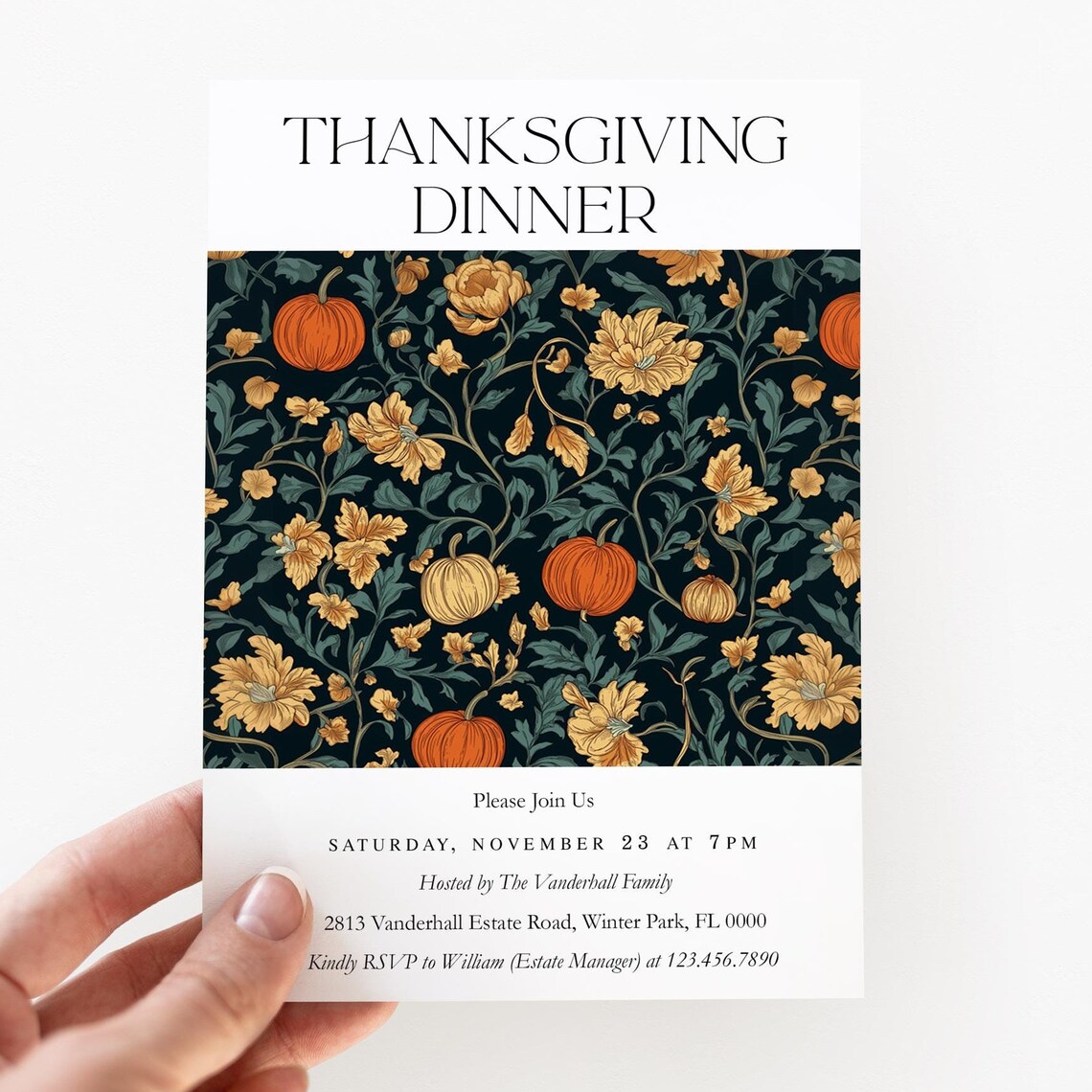Thanksgiving Dinner Invitation Editable Pumpkin Floral Template Print
