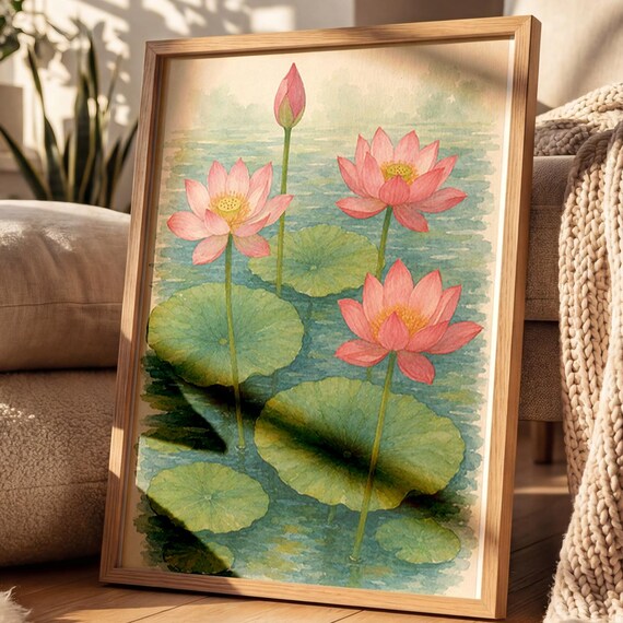 Serene Pink Lotus Pond Watercolor Water Lily Botanical Art Print