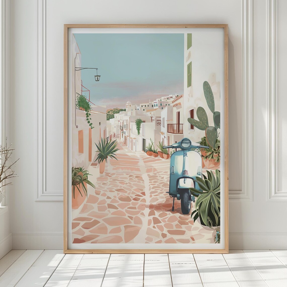Ibiza Old Town Cobblestone Street Blue Vintage Scooter Art Poster