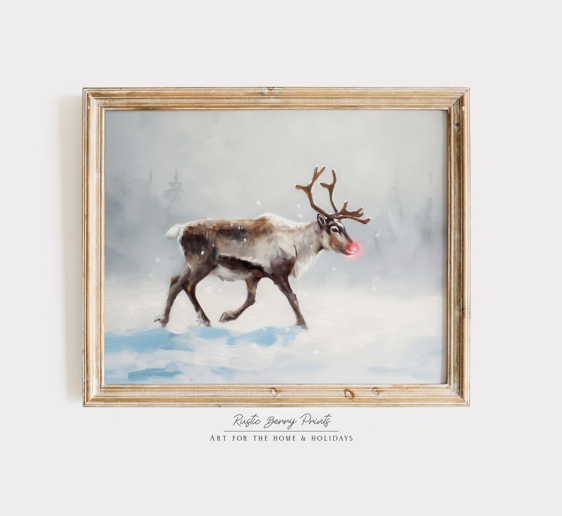 Red Nose Reindeer Snowy Winter Storm Vintage Christmas Animal Poster
