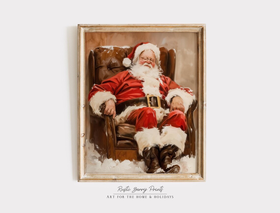 Sleepy Santa Napping In Leather Armchair Vintage Christmas Art Print