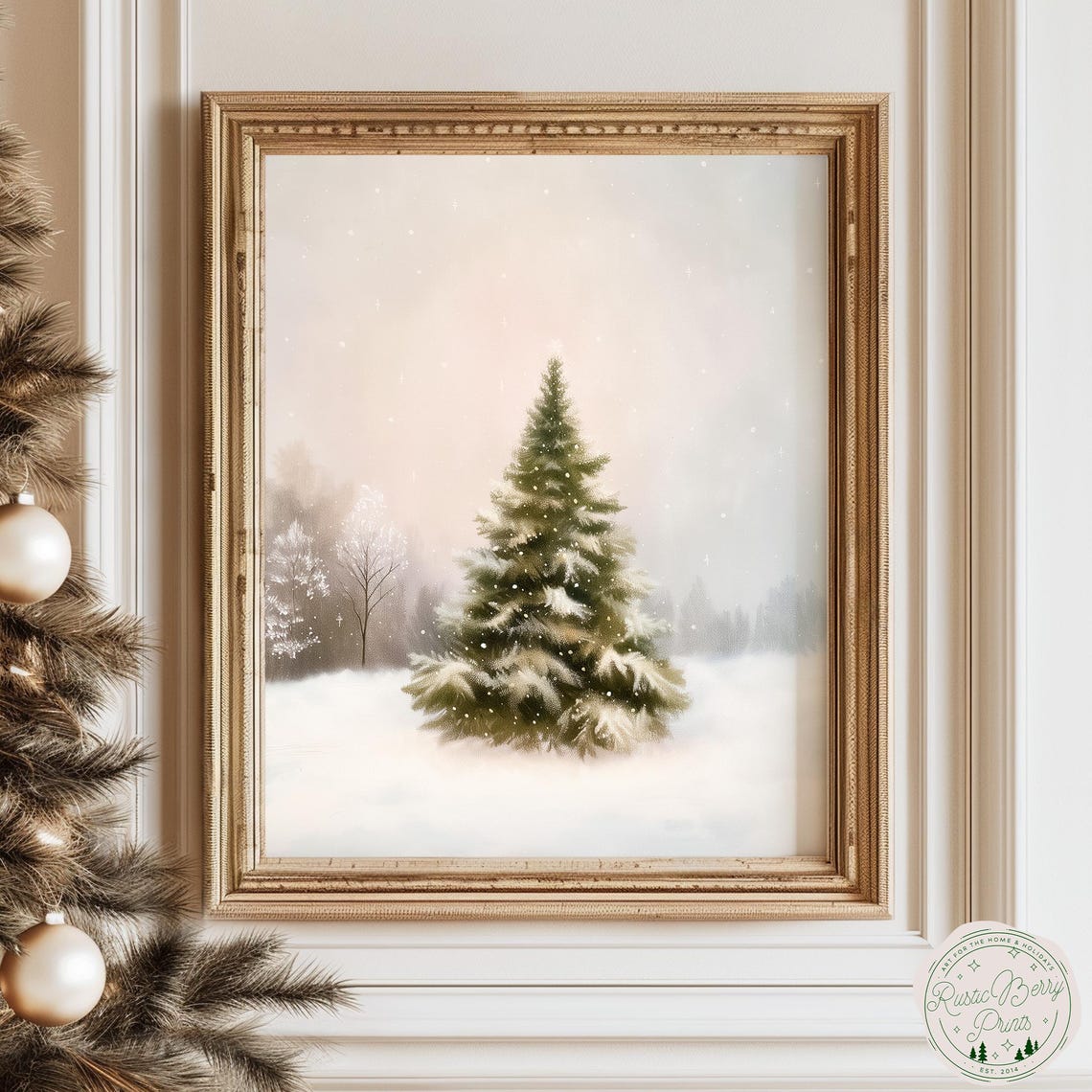 Lone Snow Covered Pine Tree Blush Sky Minimalist Winter Art Print