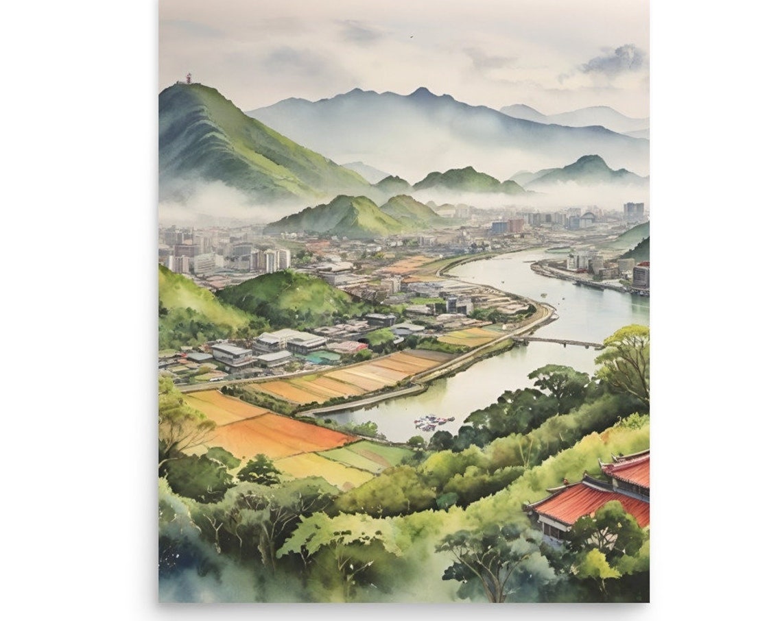 Taiwan Painting East Asia Watercolor Art Print Taiwan Landscape Wall Art Taiwan Cityscape Watercolor Art South China Seas Travel Poster