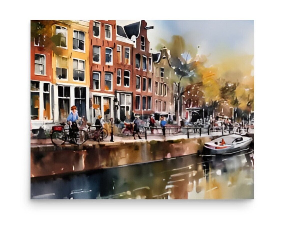 Amsterdam Canal Houses Bicycles Autumn Light Watercolor Travel Poster