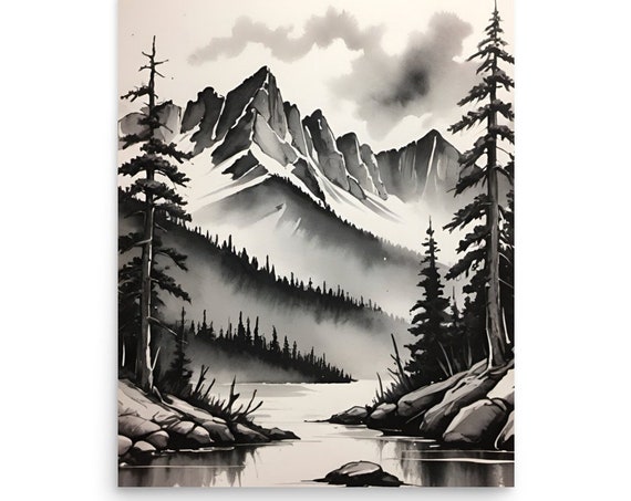 Rocky Mountains Painting Mountain River Watercolor And Ink Art Print Pine Forest Wall Art Mountain Forest Sketch Black And White Wall Art
