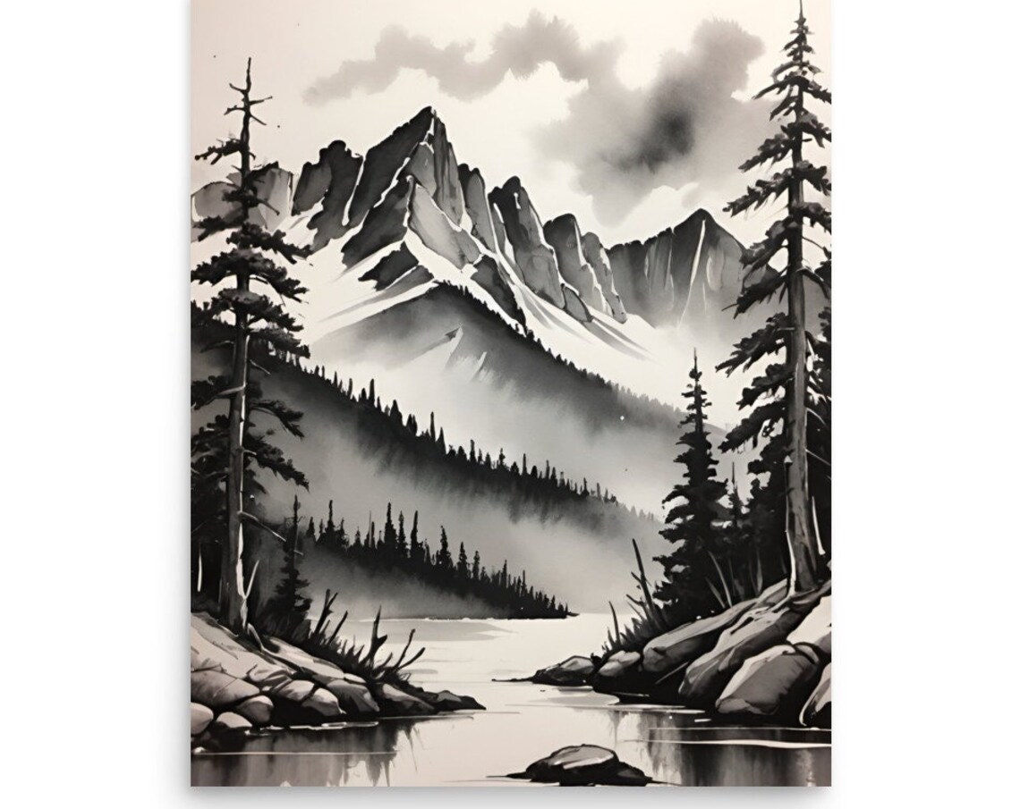 Black White Rocky Mountains River Ink Watercolor Sketch Art Poster
