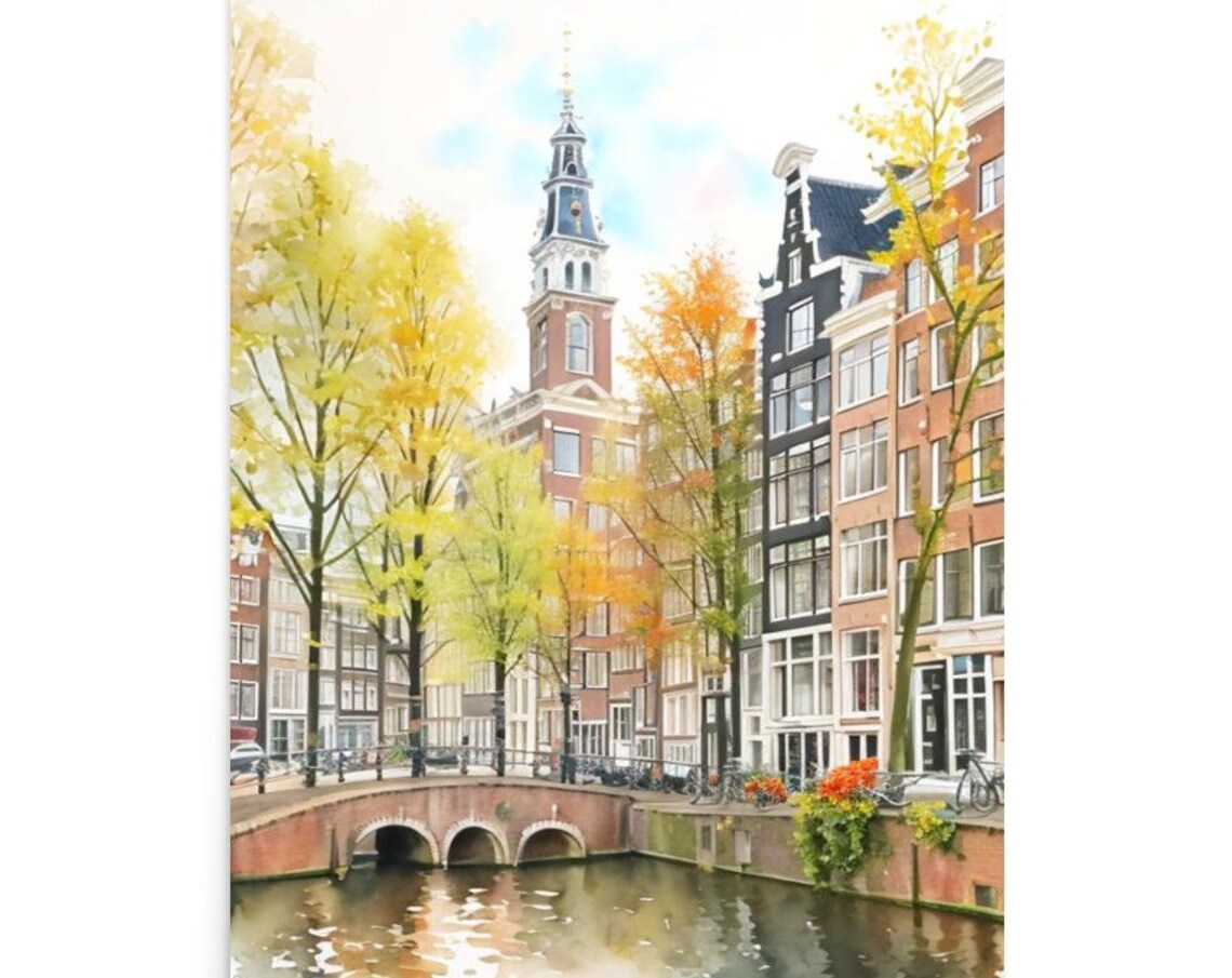 Amsterdam Autumn Canal Church Tower Watercolor Fall Travel Art Poster