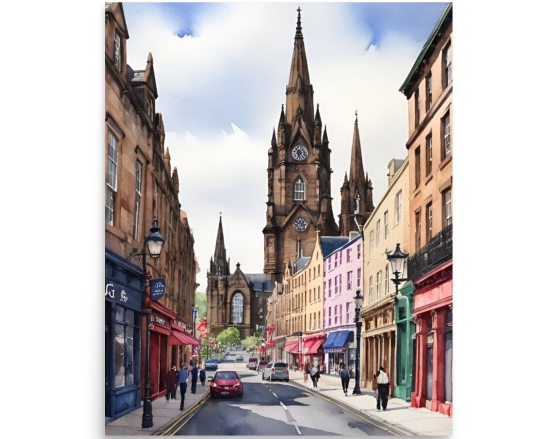 Edinburgh Watercolor Travel Poster, Scottish Cityscape