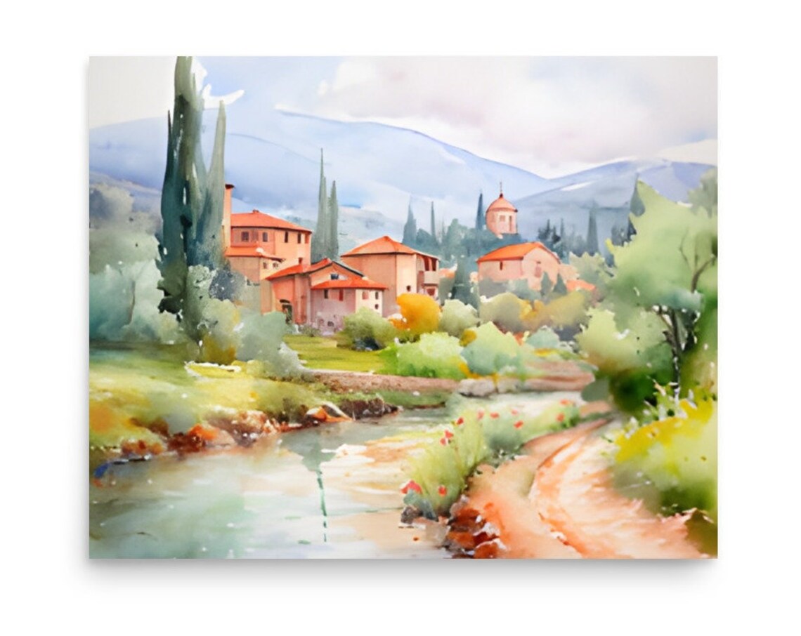 Italian Village Watercolor With Cypress Trees and a Stream Poster