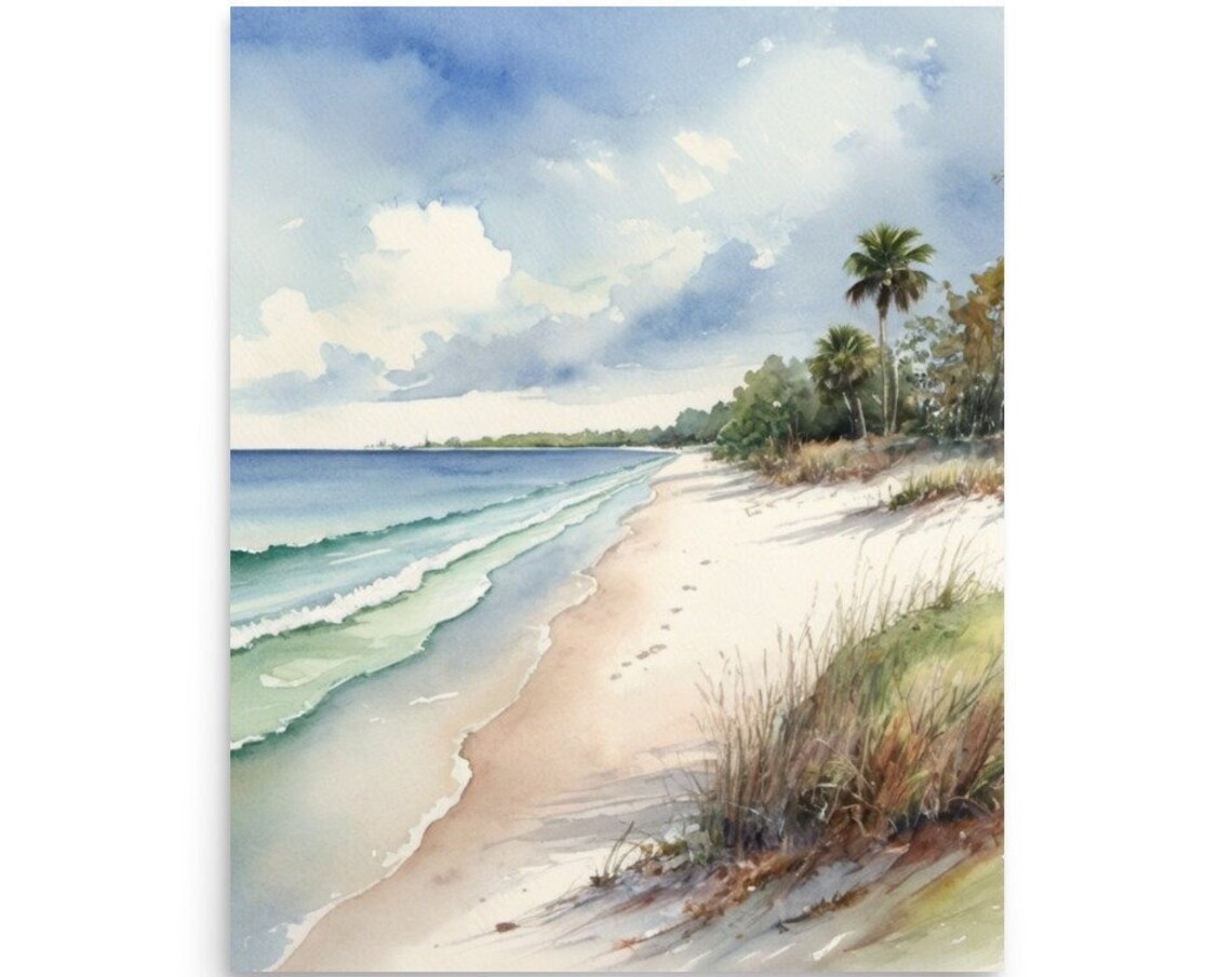 Florida Coastal Watercolor Travel Poster, Beach And Palm Trees