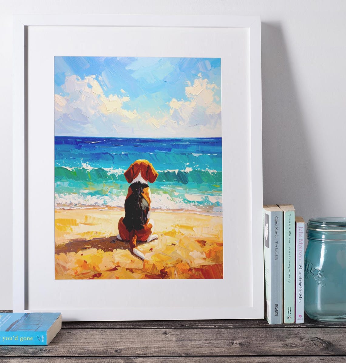 Beagle Sitting on Beach Watching Ocean Waves Sunny Art Poster
