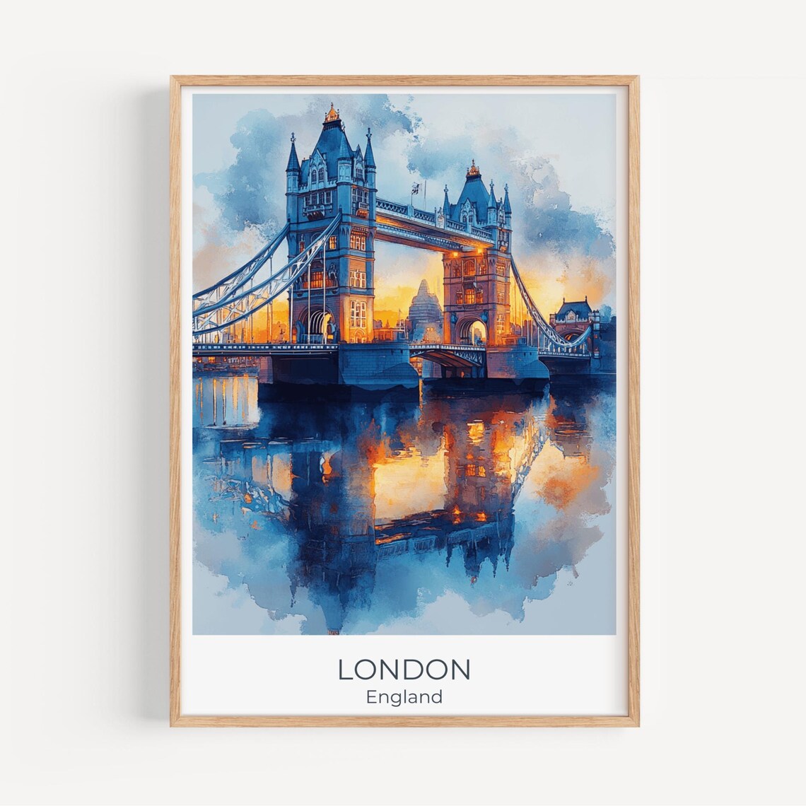 London Tower Bridge England Sunset Watercolor Travel Art Poster