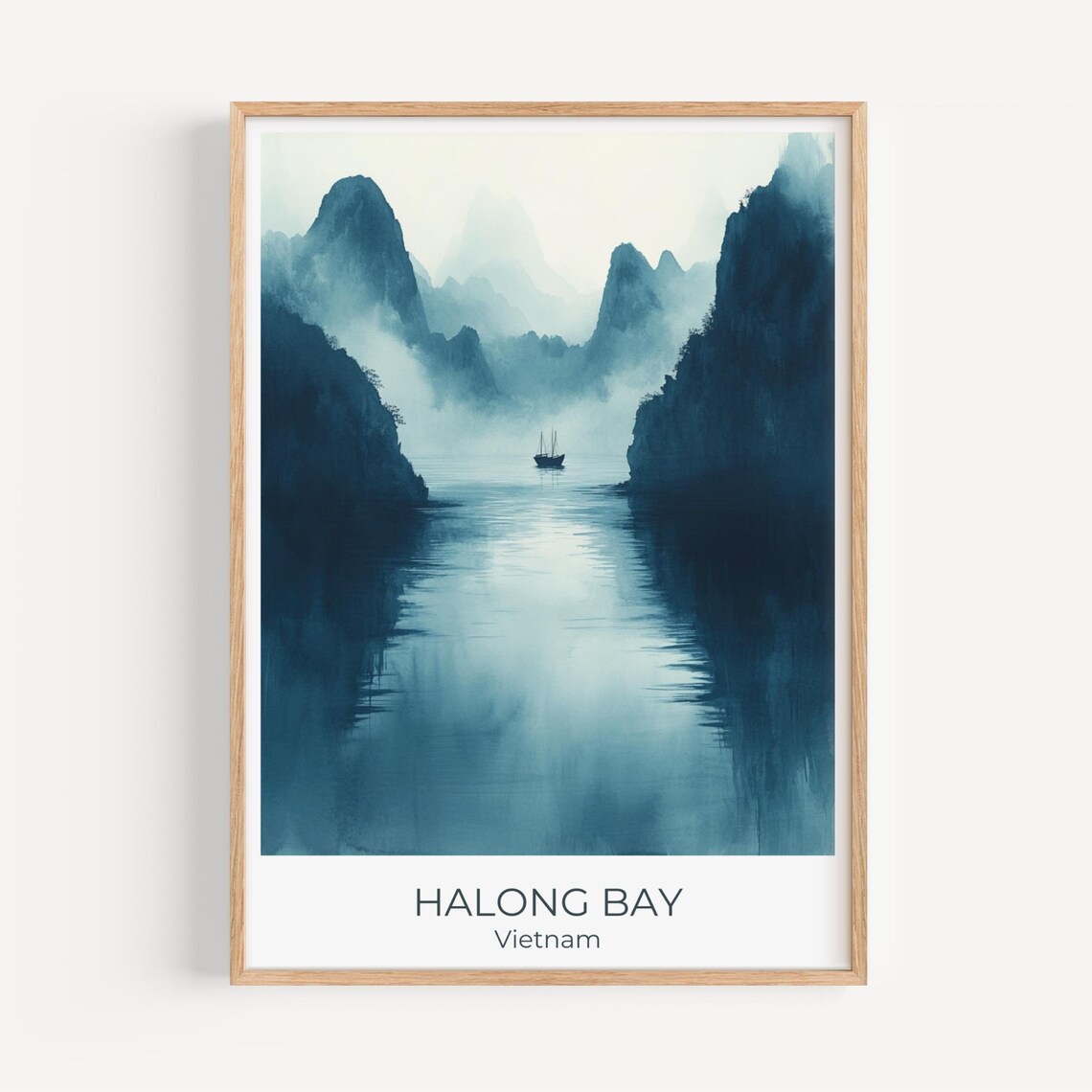 Ha Long Bay Vietnam Travel Poster Misty Karst Mountains Boat Art