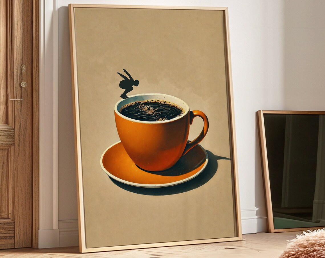 Vintage Orange Espresso Cup Diver Silhouette Whimsical Coffee Poster