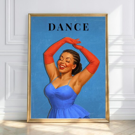 Dance Queen Retro Vintage Pin Up Lady Blue Dress Red Gloves Poster