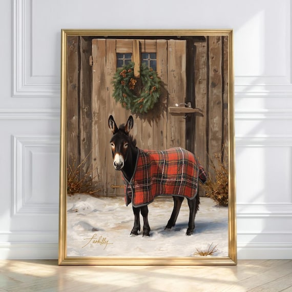 Rustic Christmas Donkey in Red Plaid Blanket Snowy Barn Poster