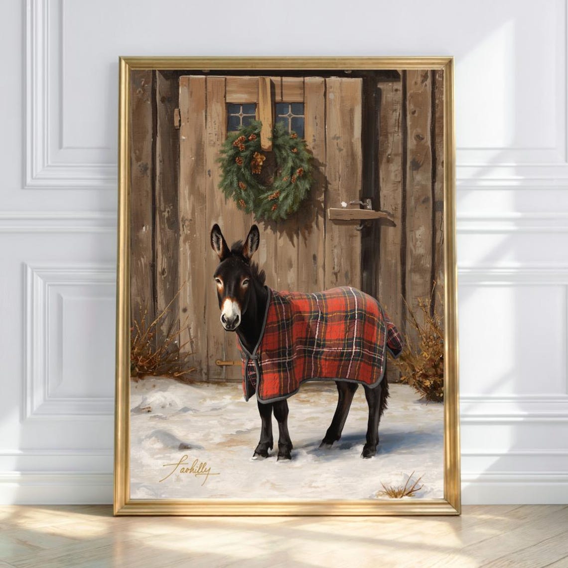 Rustic Christmas Donkey in Red Plaid Blanket Snowy Barn Poster