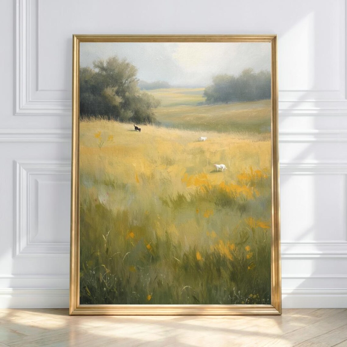 Dogs Running in Golden Meadow Field Impressionist Nature Poster