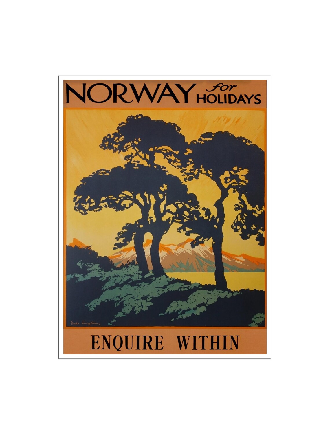 Norway for Holidays Trees Fjord Sunset Vintage Travel Poster