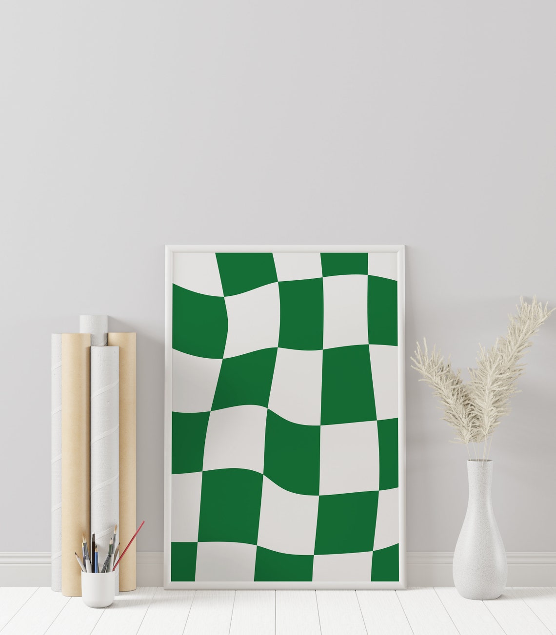 Kelly Green Wavy Checkerboard Retro Groovy Abstract Pattern Poster