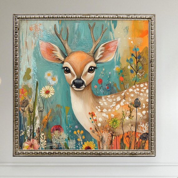 Whimsical Baby Deer Among Wildflowers Cute Nursery Animal Art Print