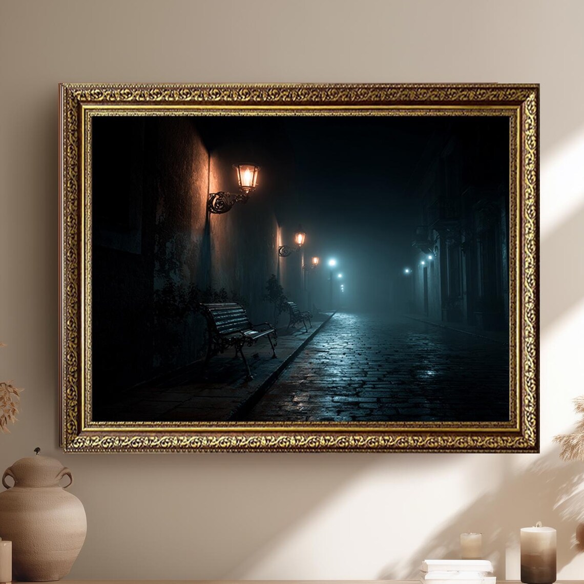 Moody Foggy Night Street Canvas Wall Art with Vintage Lamps and Benches