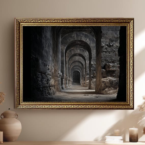 Ancient Stone Archway Wall Art Print With Dark Tunnel Perspective Gothic Architecture Photo For Historical Or Fantasy Home Decor