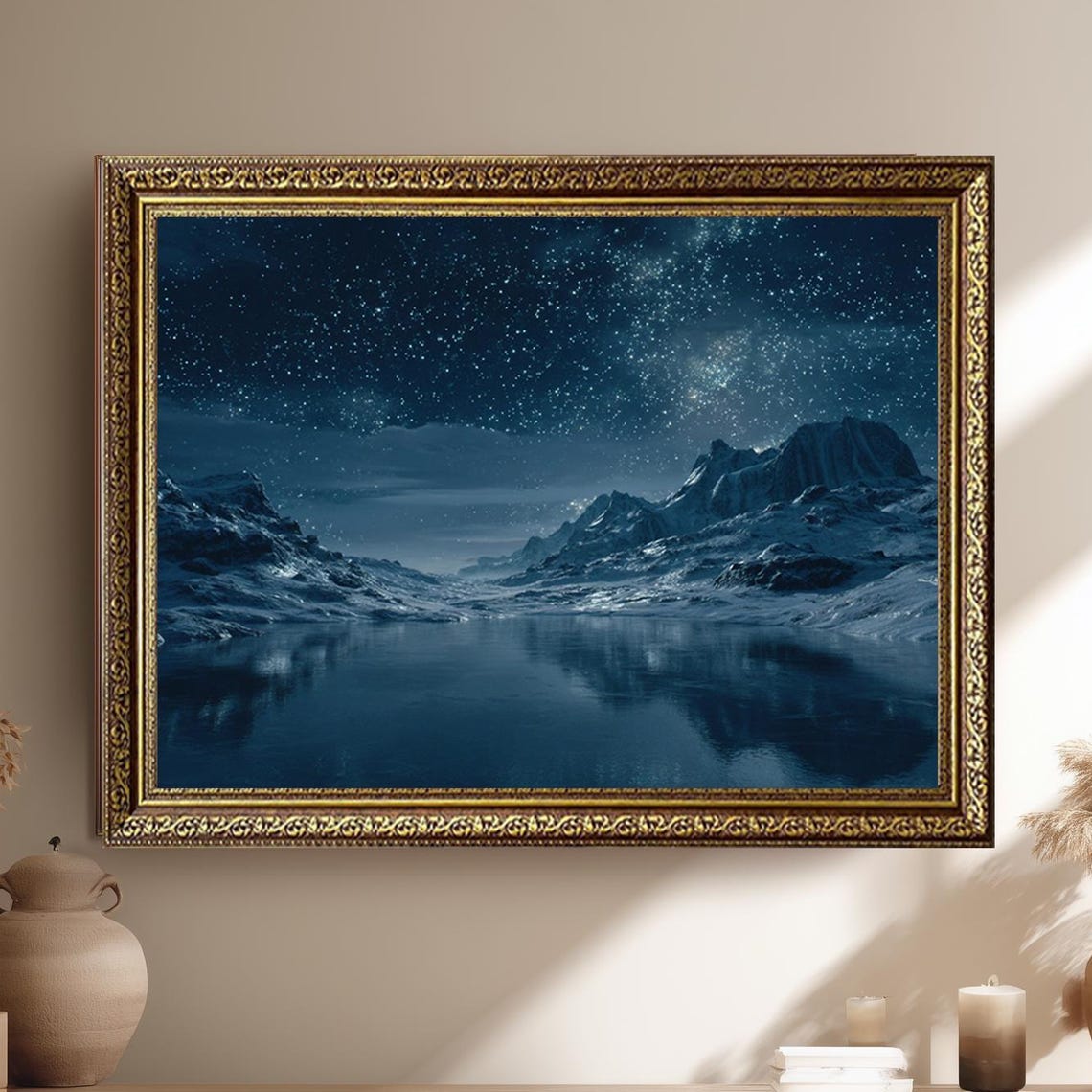 Starry Night Sky Over Frozen Mountain Lake and Snow Peaks Wall Art