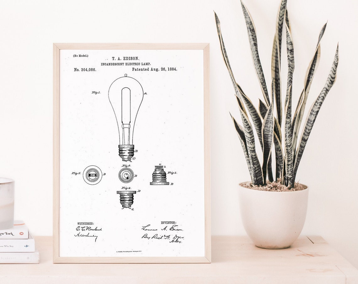 Thomas Edison 1884 Incandescent Light Bulb Patent Blueprint Poster