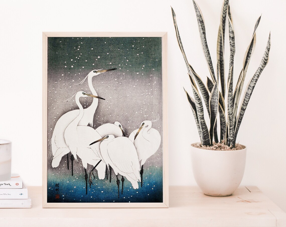 Ohara Koson Five Egrets In Snow Japanese Woodblock Bird Art Poster