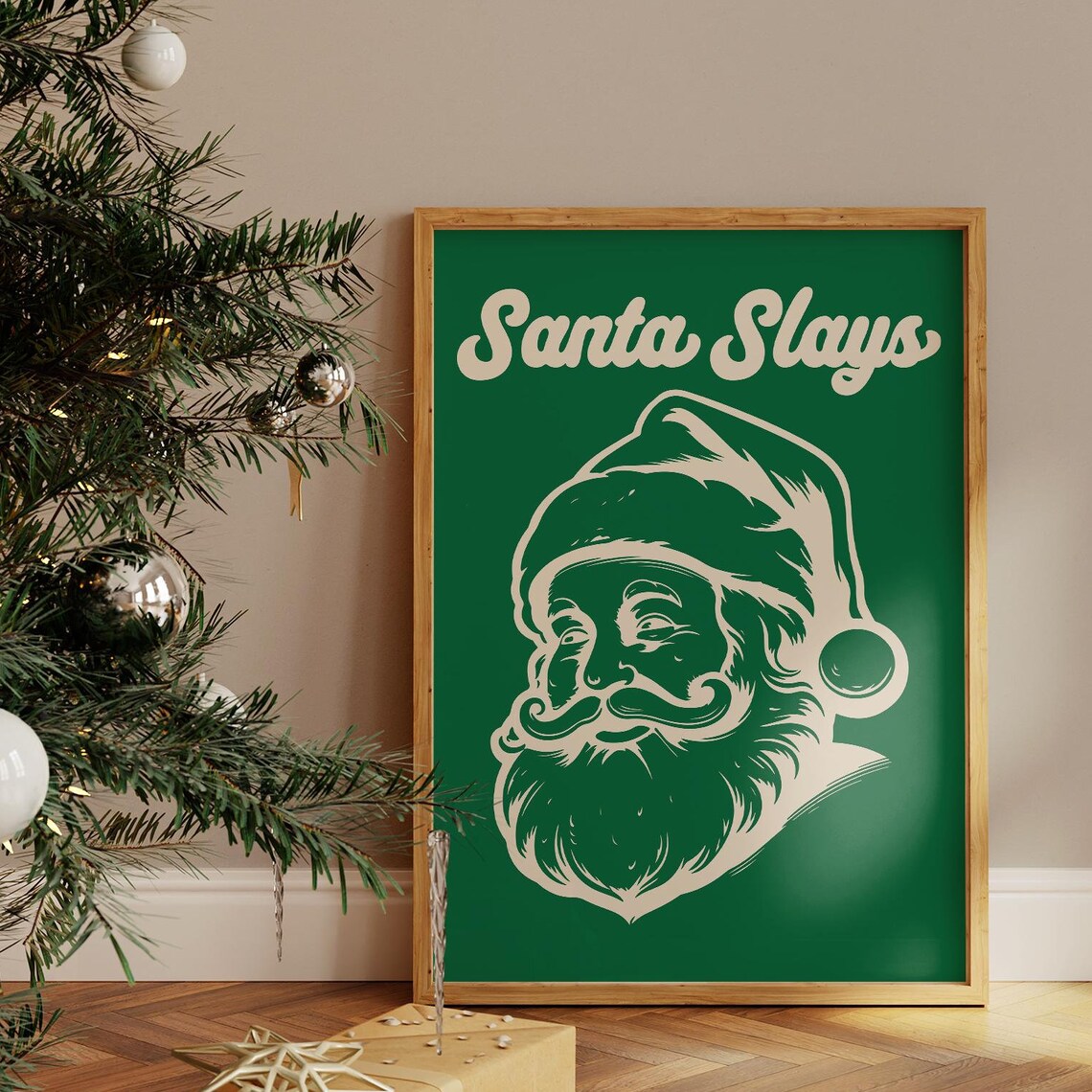 Santa Slays Retro Funny Santa Face Green Vintage Holiday Poster