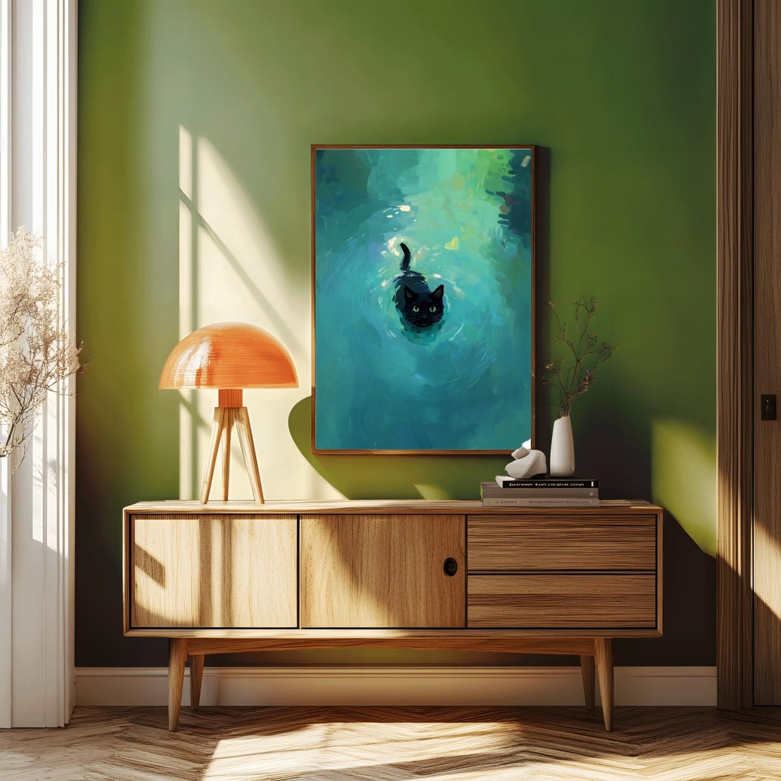 Black Cat Swimming Cute Cat Portrait Art Print - Image 3