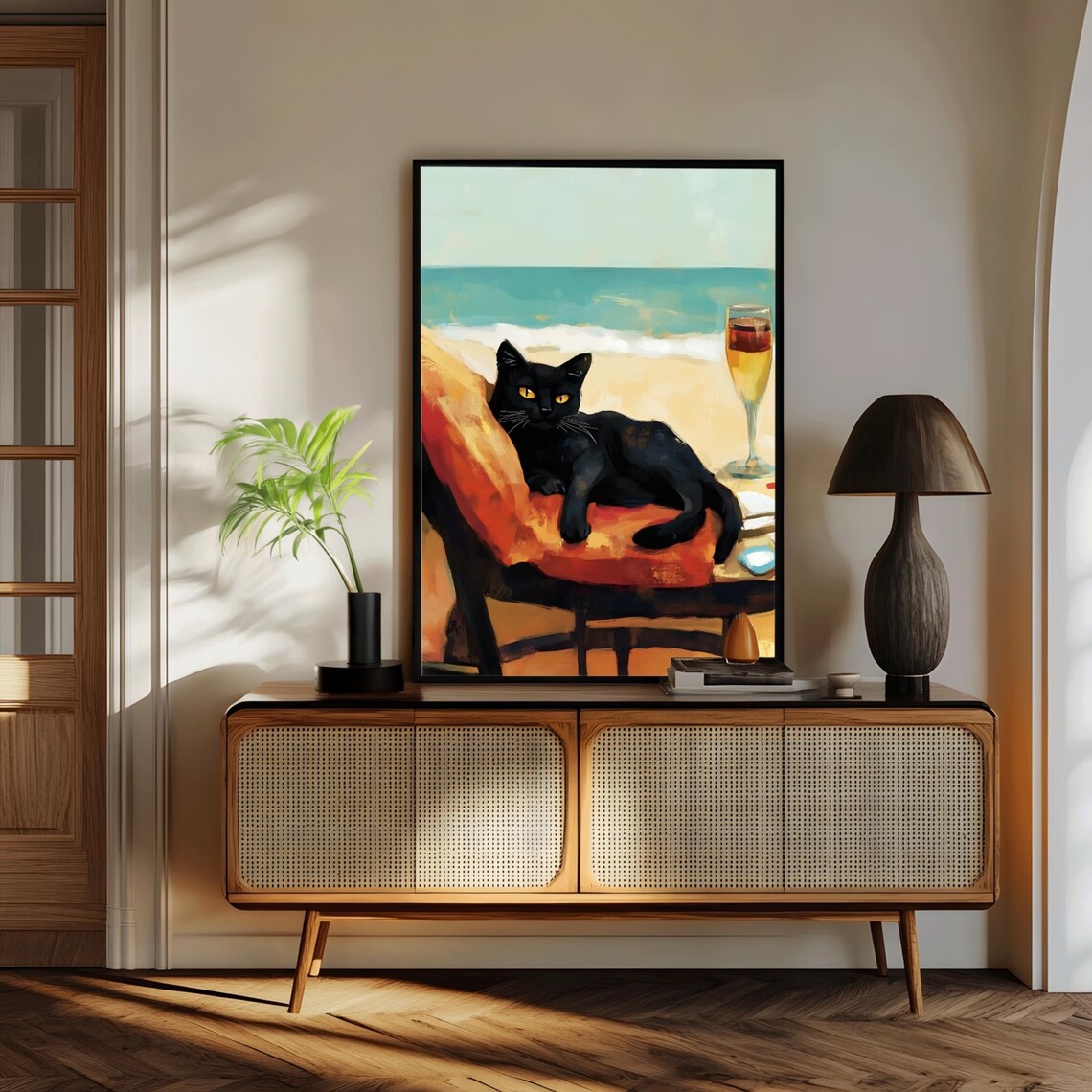Black Cat Beach Cute Cat Portrait, Whimsical Art Print - Image 2