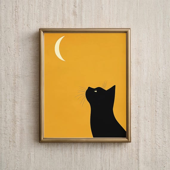 Black Cat And Moon, Whimsical Cat Portrait