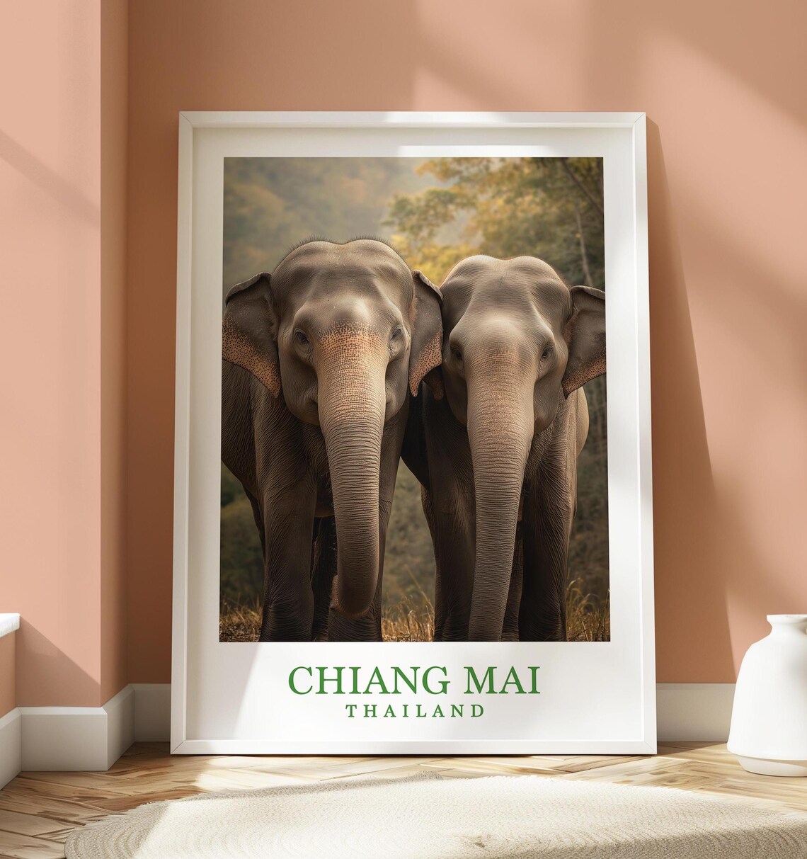 Chiang Mai Thailand Two Elephants Portrait Close Up Travel Poster