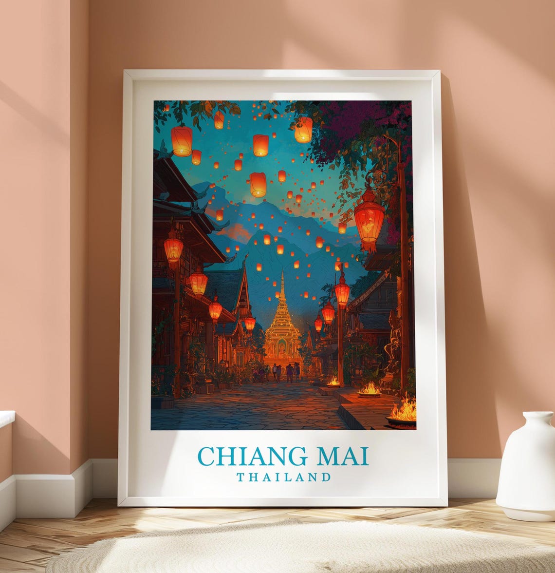 Chiang Mai Thailand Lantern Festival Night Sky Illustrated Poster