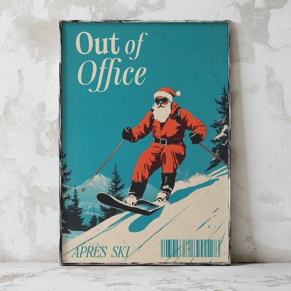 Out Of Office Skiing Santa Teal Retro Christmas Holiday Scene Poster
